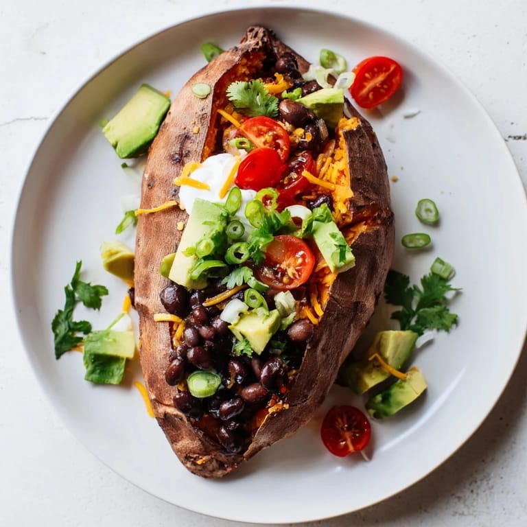 Golden loaded baked sweet potatoes sliced open, revealing fluffy insides ready for delicious toppings.
