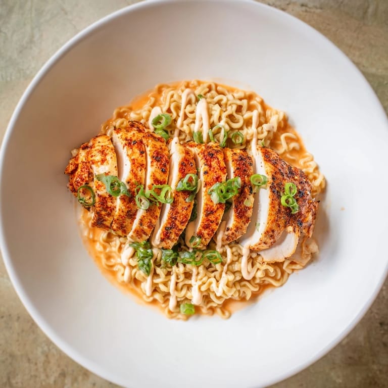 A close-up of Fiery Chicken Ramen, showcasing the richness of the creamy garlic sauce and perfectly cooked noodles.