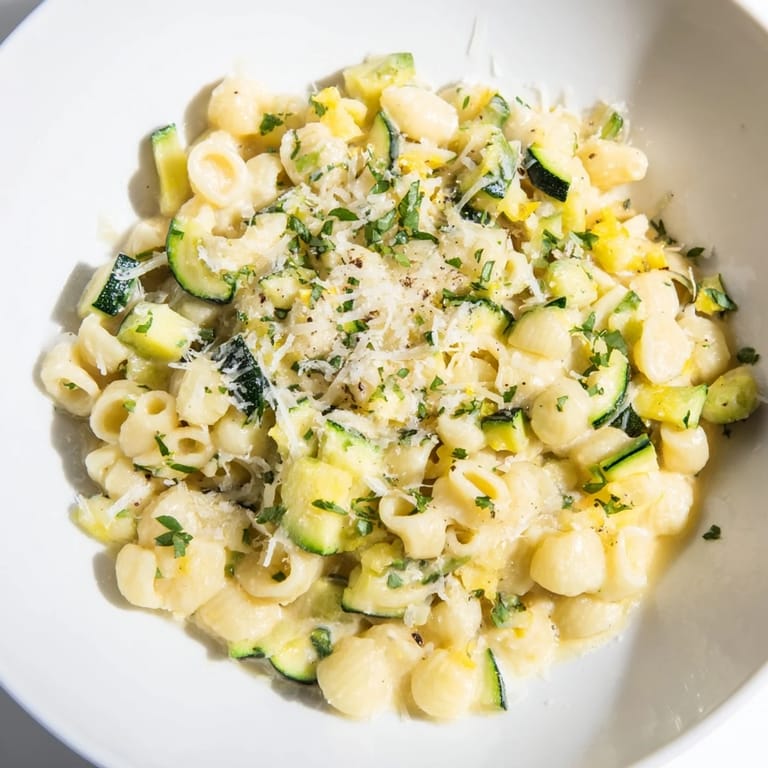 Close-up of creamy, flavorful One-Pot Zucchini Ditalini, a vegetarian dream cooked in a single pot.