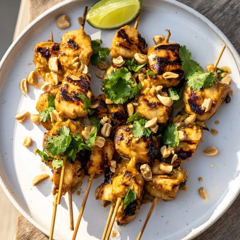 Beautifully grilled Spicy Peanut Satay Chicken Skewers drizzled with extra peanut sauce, fragrant and flavorful.