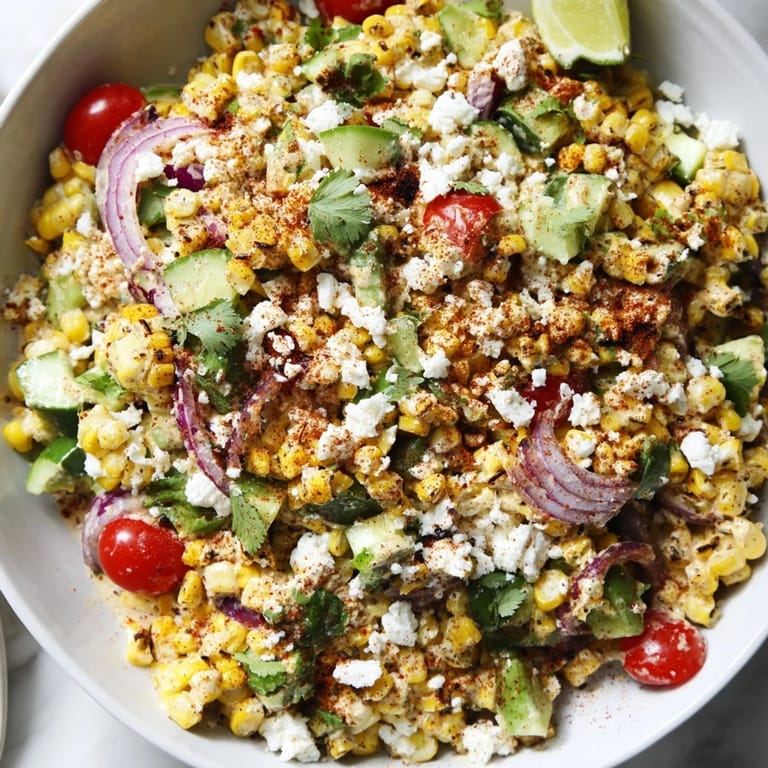 Freshly made Mexican Street Corn Chopped Salad, featuring charred corn, creamy dressing, ready to enjoy.