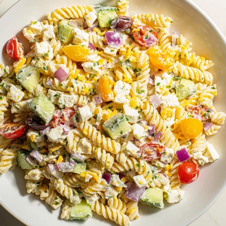 Creamy Greek Yogurt Million Dollar Christmas Pasta Salad, showcasing tomatoes, cheese, and pasta, ready to serve.