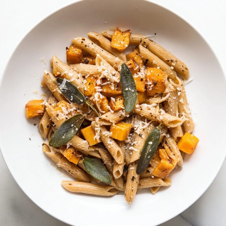 A close-up of a delightful Butternut Squash & Sage Brown Butter Pasta dish plated and ready to eat.