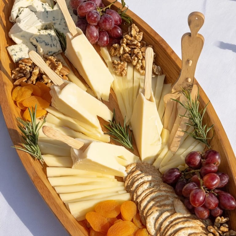 Sailboat Cheese Platter details a beautiful presentation of cheeses, fruits, nuts, and crackers.