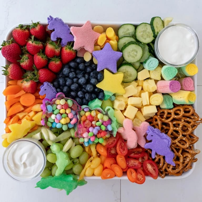 Imagine a festive Unicorn Party Platter, overflowing with rainbow colors and delicious finger foods for everyone.