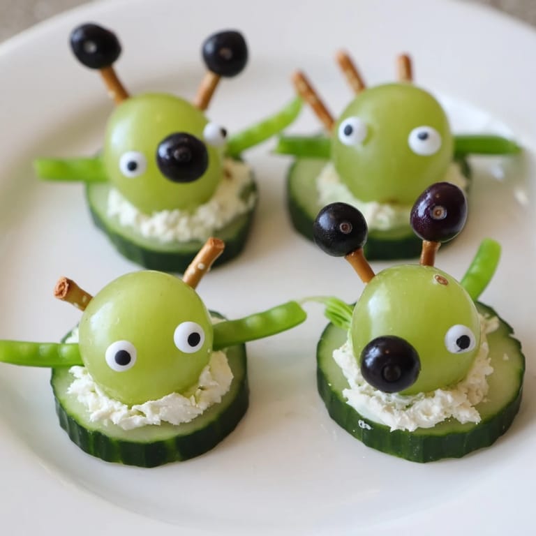 Vibrant Little Green Men Alien Snack Attack: Cucumber aliens with cream cheese smiles, ready to eat!