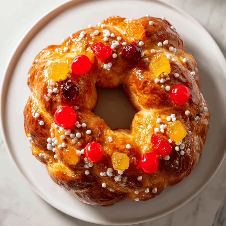 The vibrant Couronne de Roi Bijoux Sucrés sits awaiting bites, showcasing its colorful candied fruit details.