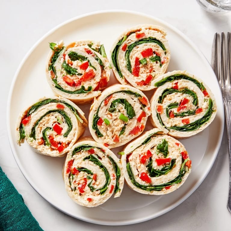 Delicious, chilled Christmas Scarf Tortilla Roll-Ups—a festive appetizer with roasted peppers and spinach filling.