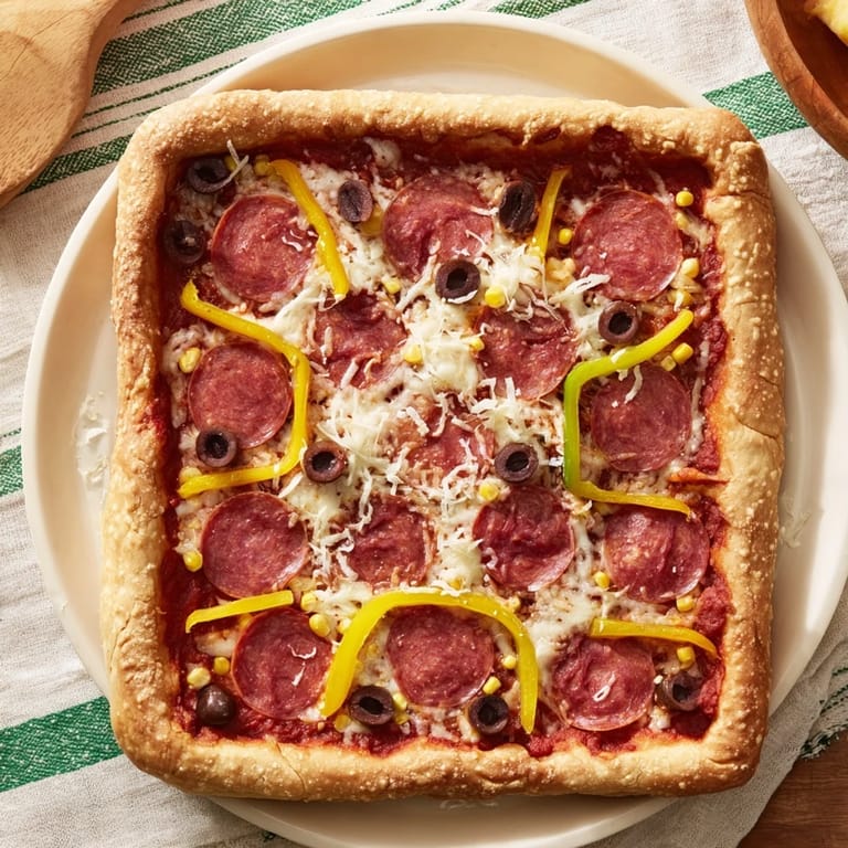 Close-up of freshly baked Basketball Court Pizza with colorful bell peppers; perfect party food.