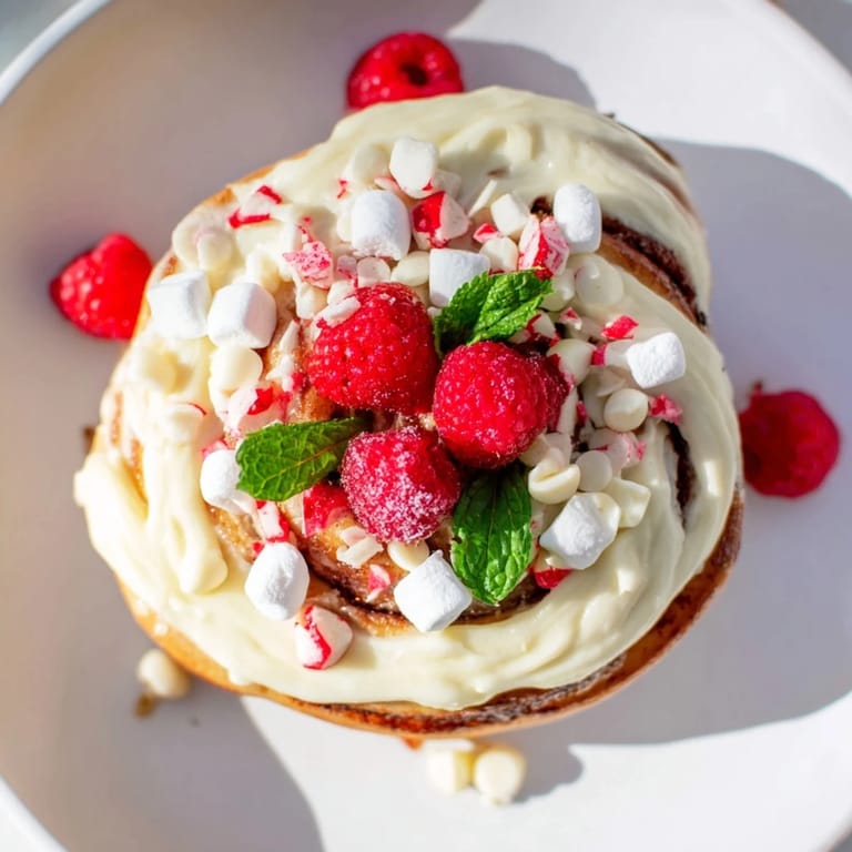 A close-up of a North Pole Cinnamon Roll Board, showcasing fluffy rolls, berries, and white chocolate chips for brunch.