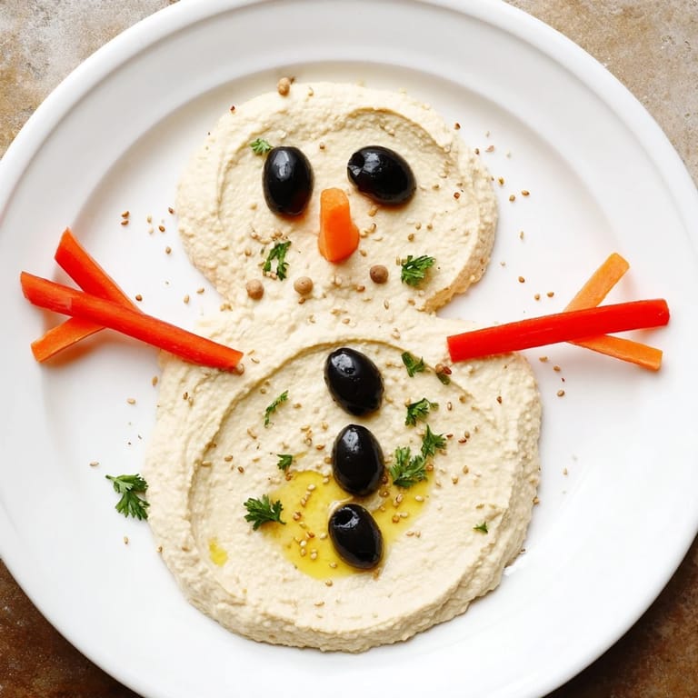 Delicious melted snowman hummus, a creative veggie dip with fresh, healthy dippers for all ages.