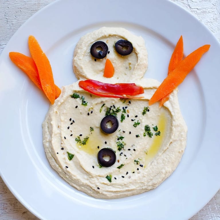 Vibrant melted snowman hummus platter, ready to be enjoyed with colorful vegetable dippers this winter.