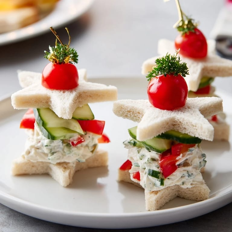 Close-up of delicious Stacked Star Christmas Tree Sandwiches, the perfect bite-sized Christmas appetizer.
