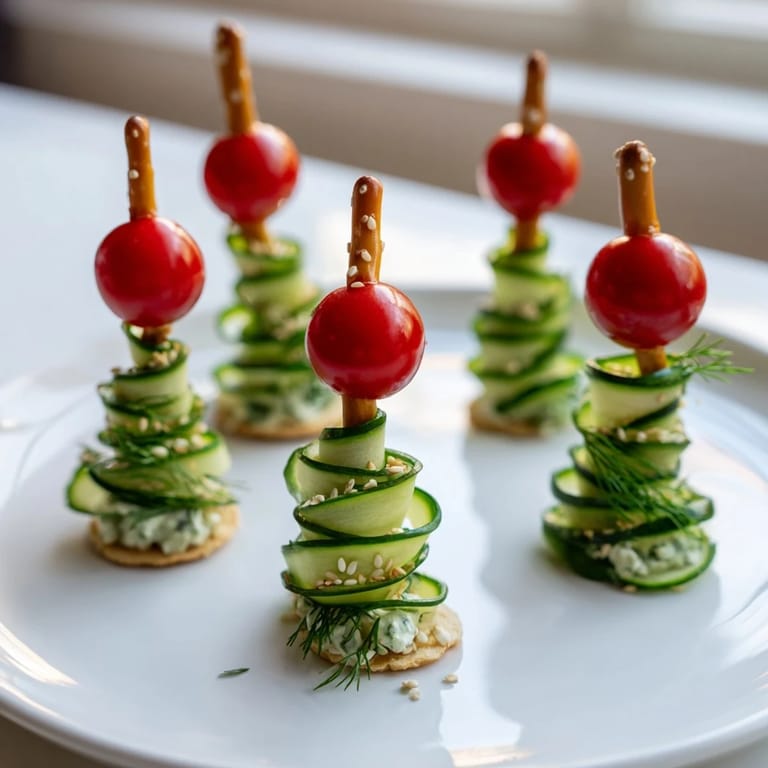 A visually appealing platter of spiral cucumber ribbon Christmas trees, a holiday appetizer bursting with fresh flavors.