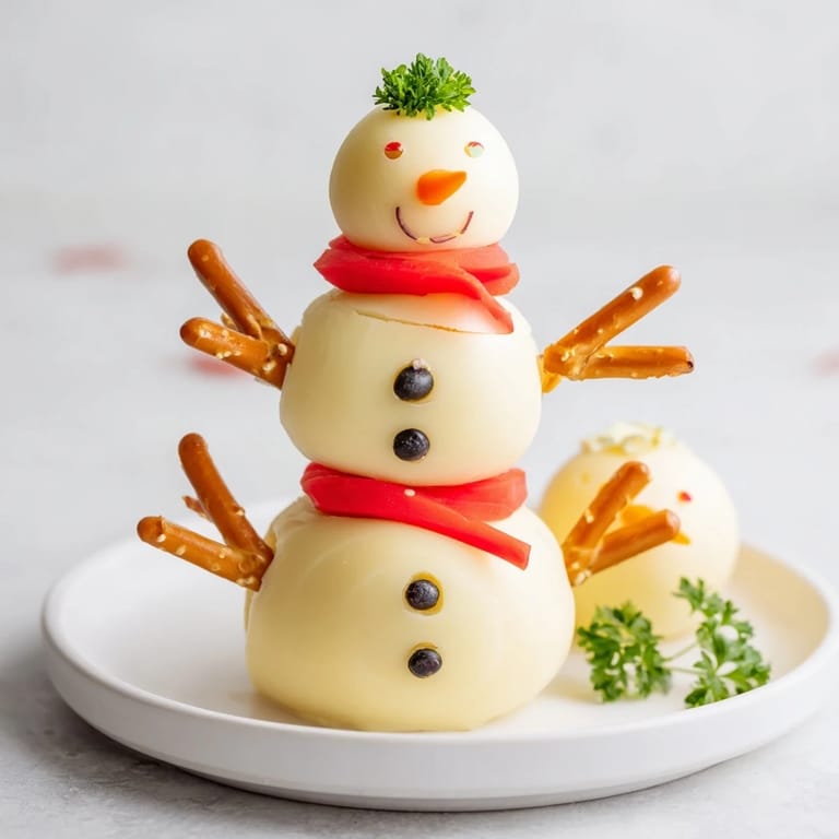 Creamy, flavorful Snowman Cheese Balls sit on a platter, perfect for holiday parties with crackers nearby.