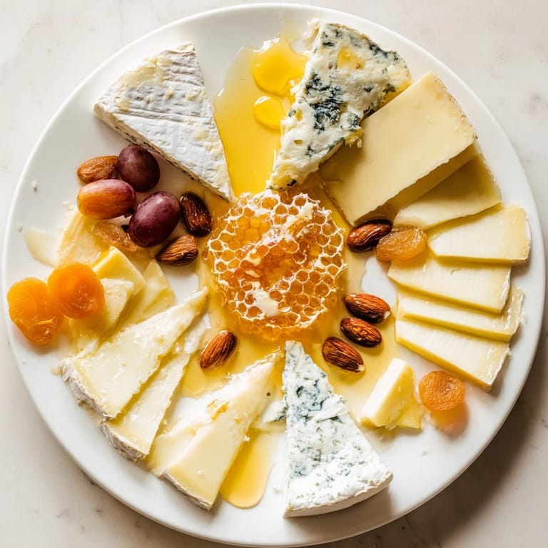 Elegant "Gilded Hive" appetizer board with honeycomb center, almonds, grapes, and various cheese hexagons for serving.