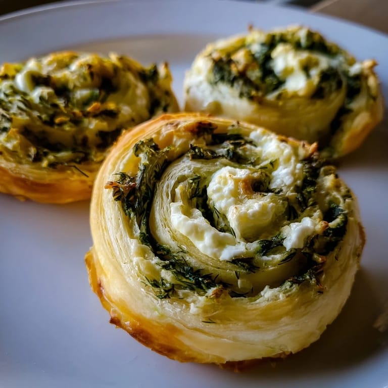 A close-up shot of flaky, golden Savory Spinach Feta Pinwheel Spirals, ready to eat with a creamy filling.
