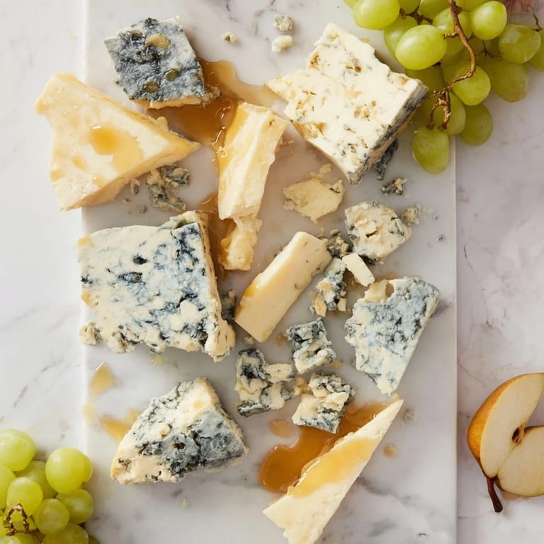 A delectable Marble Quarry appetizer: close-up of blue cheese and cheddar ready to enjoy.