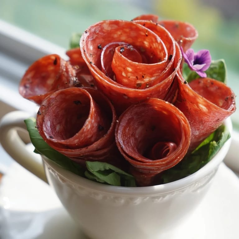 Delicate salami roses and pepperoni roses comprise The Victorian Tea Rose, a charming appetizer idea.