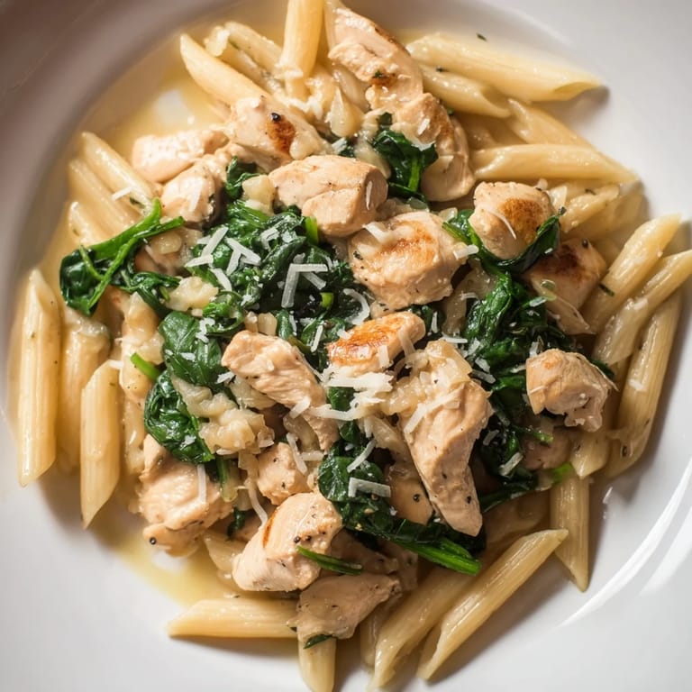Golden-brown chicken pieces and delicious spinach in this easy one-pot spinach and chicken pasta recipe.