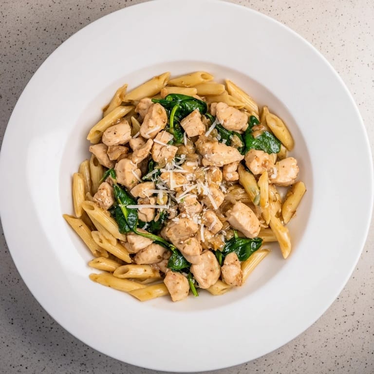 This photo features warm, comforting one-pot spinach and chicken pasta, perfect for a quick, healthy dinner.
