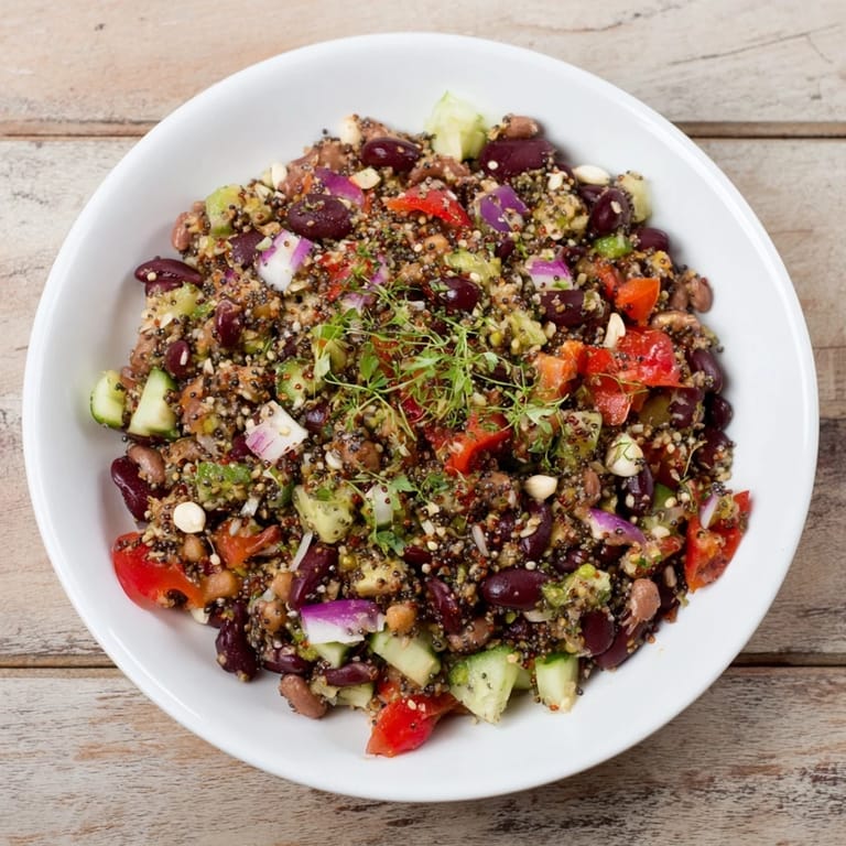 A colorful bowl of chilled Dense Bean Salad, tossed with a tangy lemon dressing for lunch.
