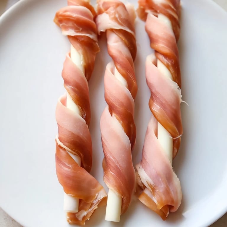 Close-up of a delightful Nautical Knot, showing braided prosciutto embracing creamy string cheese, perfect as a snack.