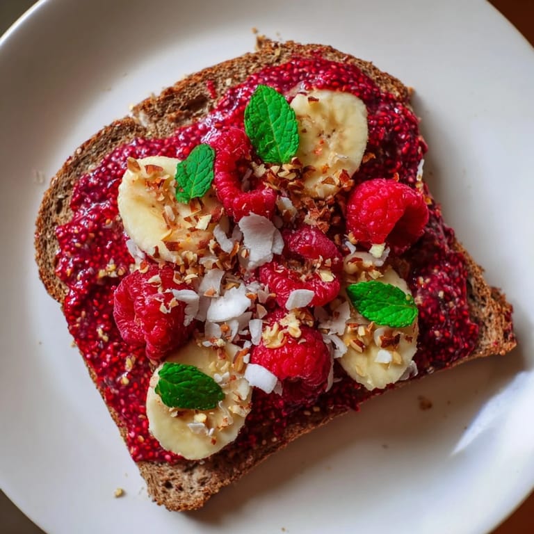Warm, golden toast generously spread with sweet raspberry chia jam, ready to eat.