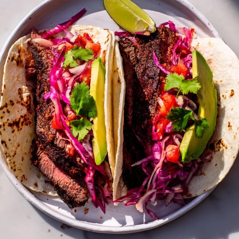 Enjoy savory Coffee-Rubbed Steak Tacos, featuring perfectly grilled steak, cilantro, and creamy avocado, ready to eat.