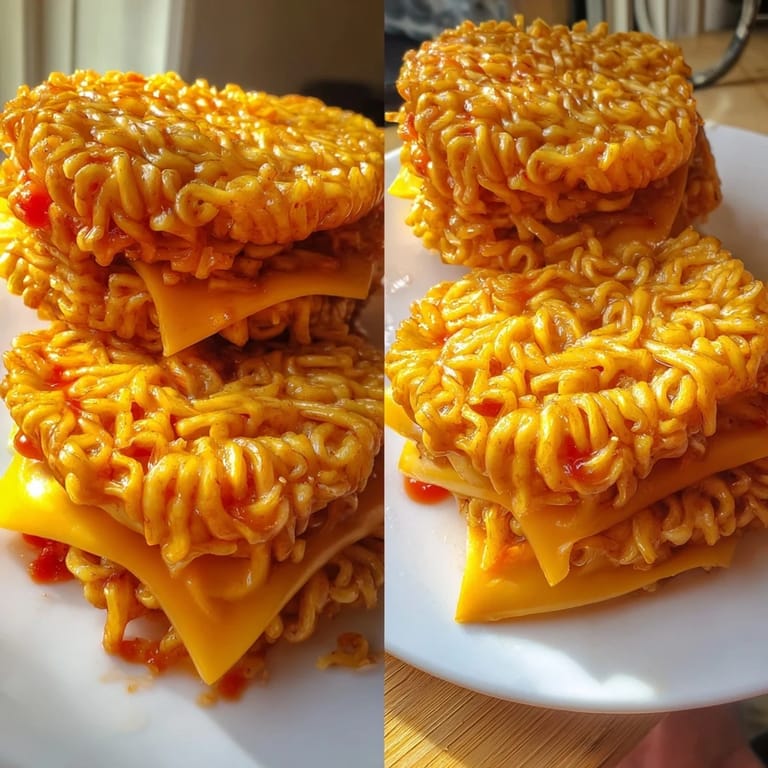 Crispy ramen noodle buns enveloping melty cheddar in this delicious Instant Ramen Grilled Cheese recipe.