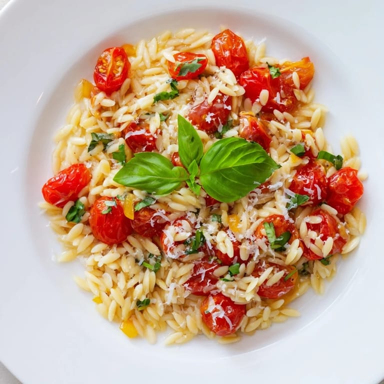 Warm Orzo Tomato Parmesan, a comforting vegetarian meal with grated Parmesan and olive oil.