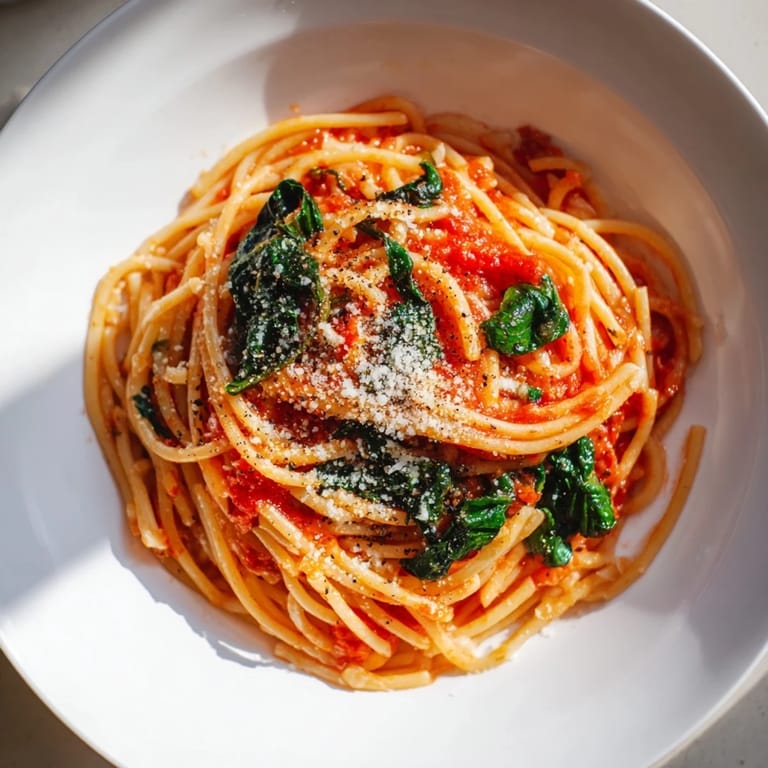 Fresh spinach wilts into the rich marinara sauce, creating delicious Quick Marinara Pasta; serve hot and enjoy.