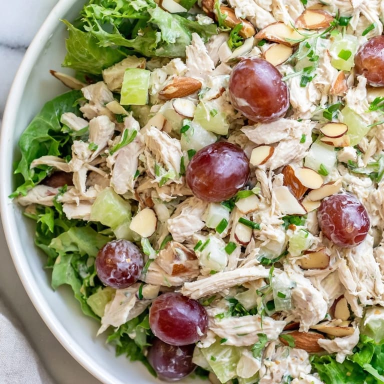 A close-up view of the delicious Crispy Chicken Salad, packed with tender chicken and crunchy celery.