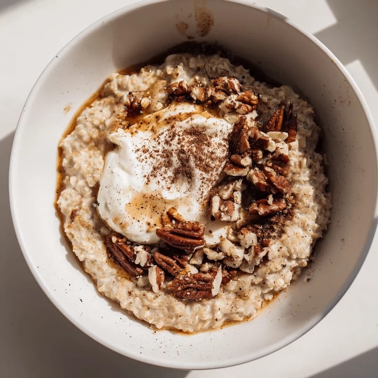 Close-up of creamy Pumpkin Spice Latte Oats, showcasing nutty toppings and warm, inviting flavors.
