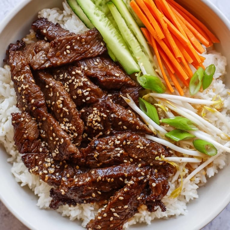 A colorful bulgogi beef bowl, showcasing tender beef with fresh vegetables and aromatic garnishes.