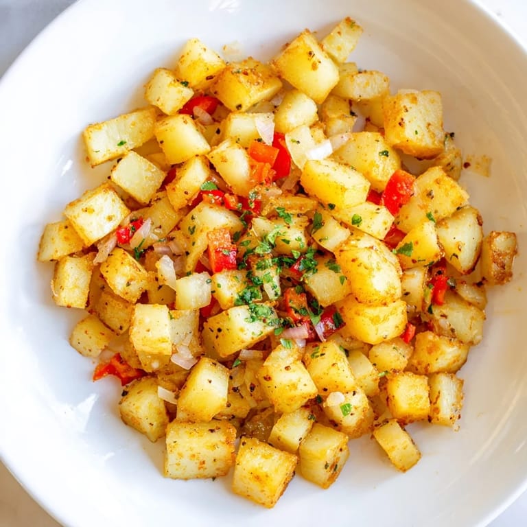 A close-up of perfectly seasoned air fryer breakfast potatoes, showing the tender interiors and crispy edges.