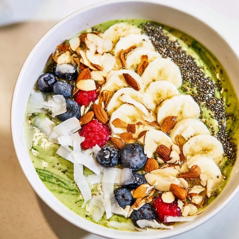 Vibrant green matcha overnight oats, ready to eat, served with banana slices and toasted coconut.