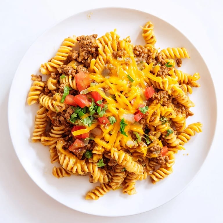 Golden-brown ground beef mixed with pasta in this flavorful Beef Taco Pasta skillet recipe.