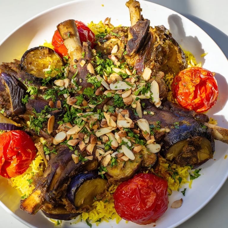 A stunning upside-down presentation of Palestinian Maqluba with roasted vegetables and aromatic rice.