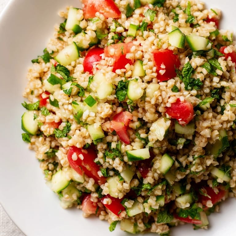 Text: This bright Bulgur Wheat Salad Tabbouleh features diced tomatoes and cucumbers, ready to be enjoyed.