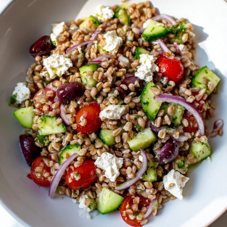 A close-up shot of Farro Salad Mediterranean tossed, ready to eat with olives and herbs.
