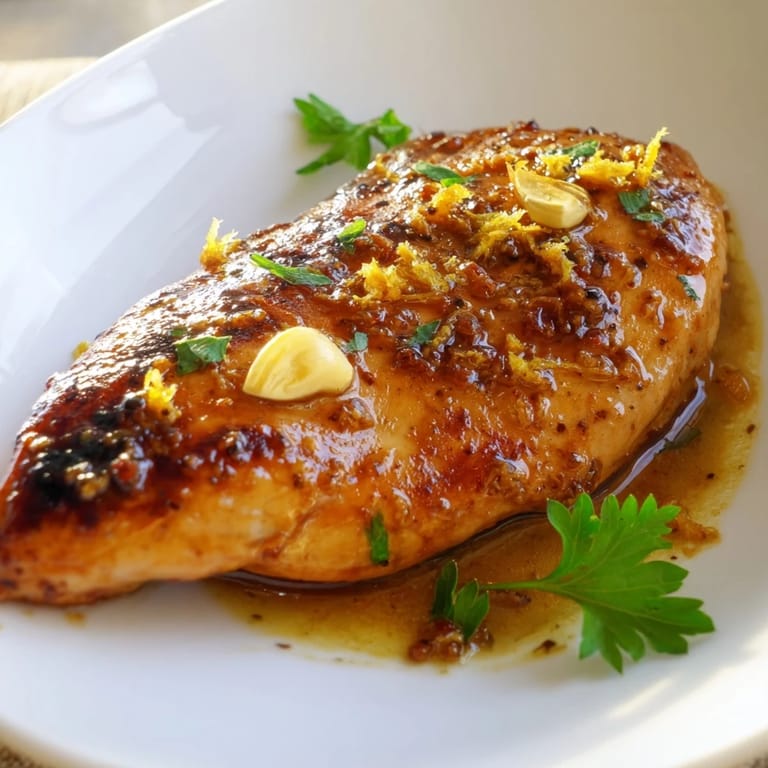 Golden Lemon Pepper Chicken breasts simmering in a vibrant buttery pan sauce, garnished with minced garlic and parsley.
