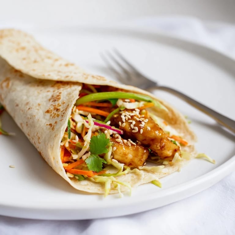 Homemade Teriyaki Chicken Wrap featuring tender chicken strips, shredded cabbage, and carrots, ready for a quick lunch.