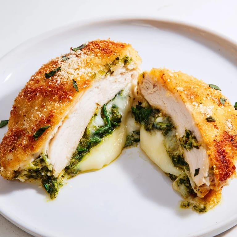 Golden-brown Mozzarella & Pesto Stuffed Chicken served on a plate, garnished with fresh herbs and ready to eat.