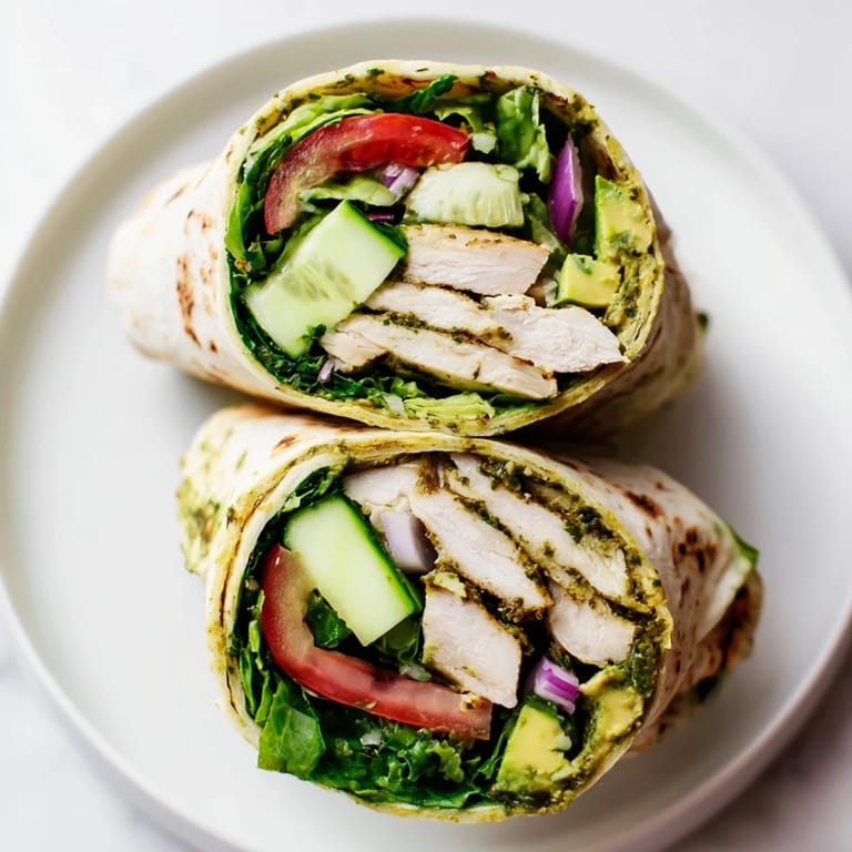 Assembled Chimichurri Chicken Salad Wrap on a rustic table, layered with greens, tomato, and red onion, drizzled with zesty green sauce.