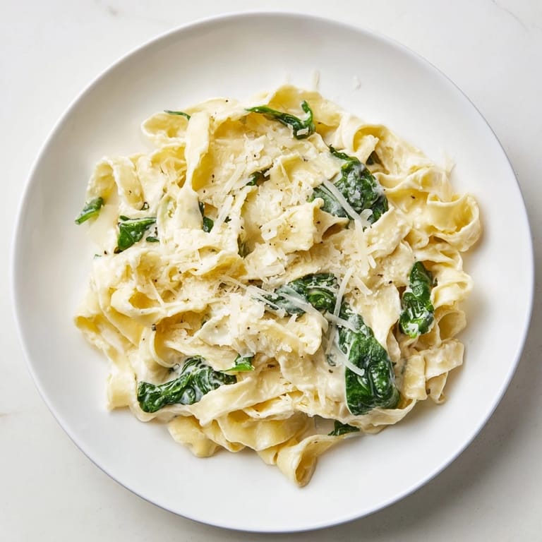 Overhead view of Creamy Spinach Garlic Noodles in a rustic bowl, garnished with extra Parmesan and a pinch of red pepper flakes.
