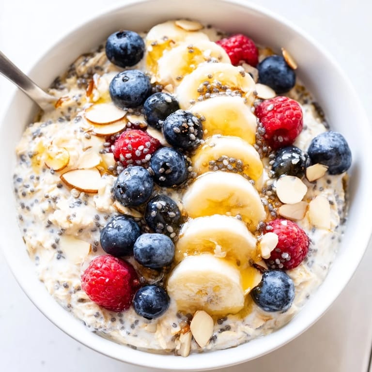 This easy overnight oats with chia seeds recipe shows a hearty, chilled breakfast bowl ready for busy mornings with maple sweetness.  