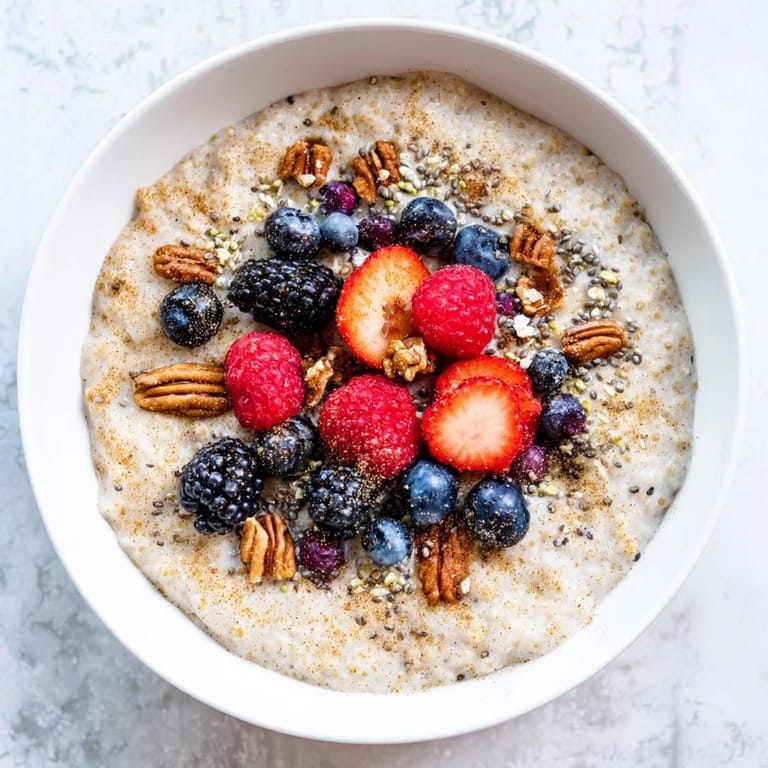 Hearty millet porridge topped with antioxidant-rich berries and crunchy nuts, perfect for a cozy gluten-free morning meal.  