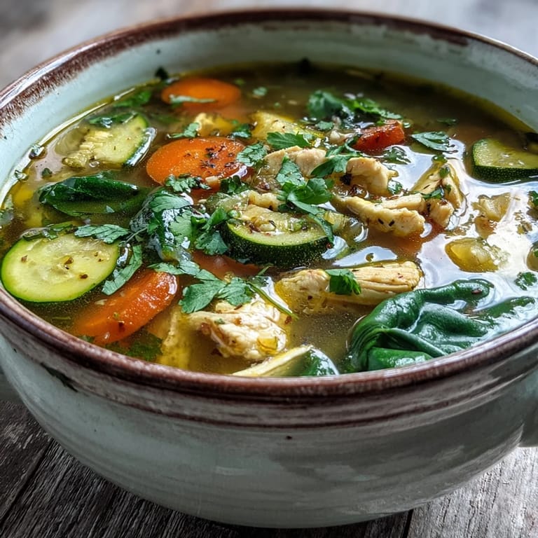 Golden Turmeric Chicken Soup in a rustic bowl, showcasing tender zucchini, wilted spinach, and a bright lemon wedge nearby.