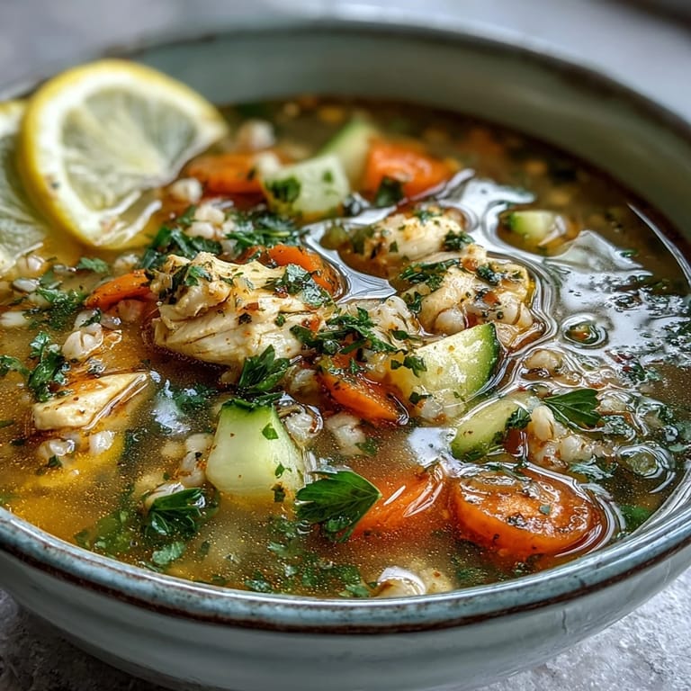 Tender chicken and golden turmeric broth highlight the hearty pearl barley in this cozy, nourishing bowl of soup.